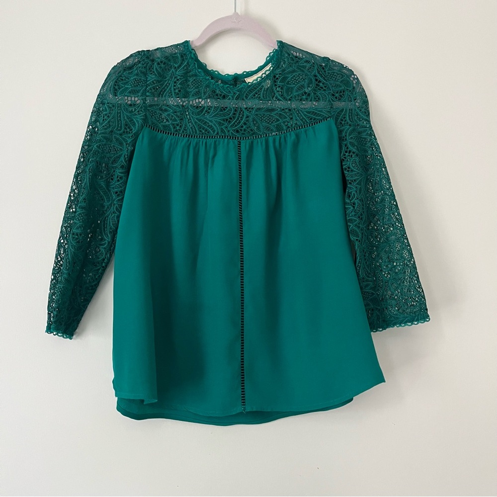 Moulinette Soeurs Anthropologie Emerald Green Lace Top